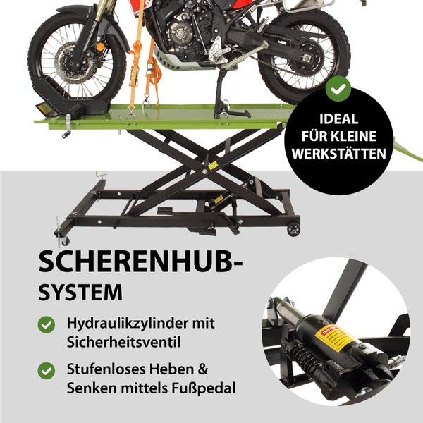 Motorrad auf Scherenhubtisch für kleine Werkstätten mit Hydraulikzylinder und Fußpedal
