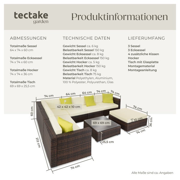 Rattan Lounge tectake Marbella mit Sicherheitsglasplatte mit Aluminiumgestell braun gemischt