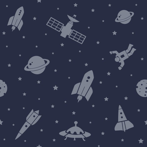 Weltraum Muster mit Raketen, Satelliten, Planeten, Sternen, Astronauten und Ufos