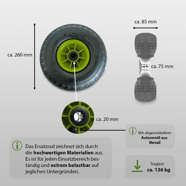 Ersatzrad mit den Maßen 260 x 85 mm, Nabenbreite 75 mm, Achsbohrung 20 mm, Metall Autoventil und einer Traglast von circa 136 kg