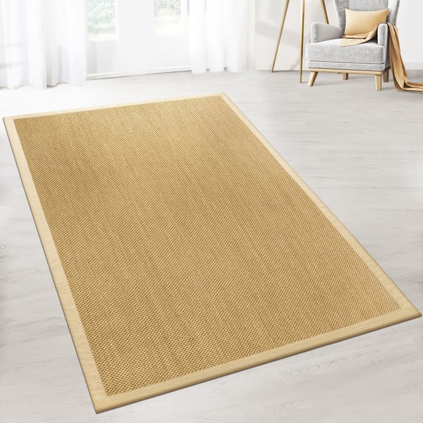 FLOORDIREKT Sisal-Teppich Tiger-Eye - aus 100% Sisal - mit Brodüre - Natur - Rand: Beige - 200 x 290 cm