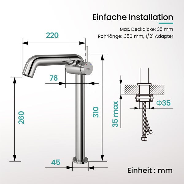 Technische Zeichnung einer Waschtischarmatur mit Maßen und Einbauhinweisen zur einfachen Montage.