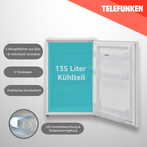 Telefunken Kühlschrank ohne Gefrierfach freistehend 135 Liter Kühlschrank klein mit Gemüsefach Standkühlschrank