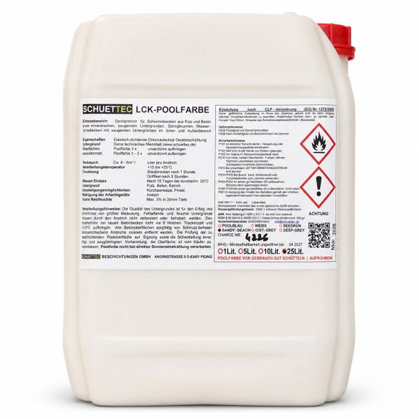 25 Liter Kanister SCHUETTEC LCK-Poolfarbe auf Chlorkautschuk-Basis für Betonbecken mit Warnsymbolen für Entzündbarkeit und Gefahren.