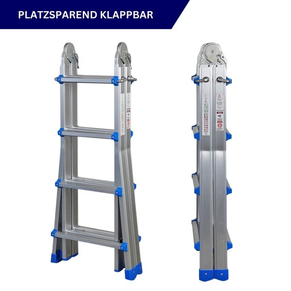 Zusammenklappbare Mehrzweckleiter aus Aluminium in zwei Ansichten