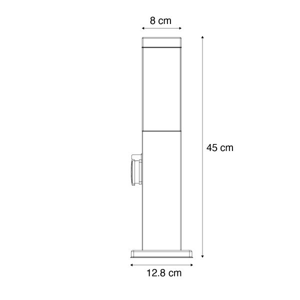 Technische Zeichnung einer Sockelleuchte mit Steckdose und Maßen: Höhe 45 Zentimeter, Sockelbreite 12,8 Zentimeter und Durchmesser 8 Zentimeter.