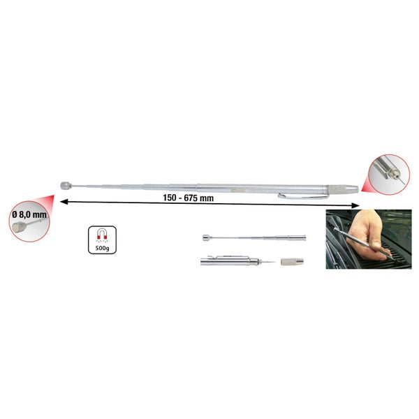 KS TOOLS 2in1 Teleskop-Magnethalter mit Waschdüsen-Reinigungs- und Einstellwerkzeug 150-675 mm - 550.1001