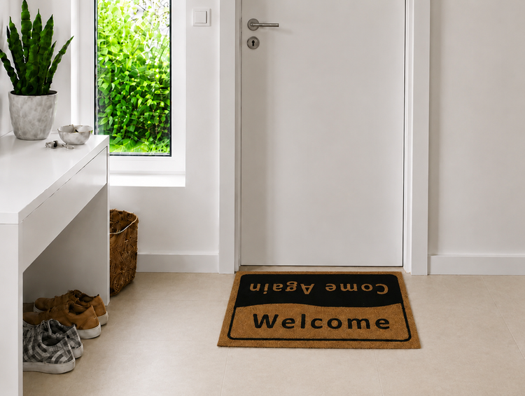 Fußmatte mit Welcome und Come Again Aufdruck im modernen Eingangsbereich vor einer weißen Tür.