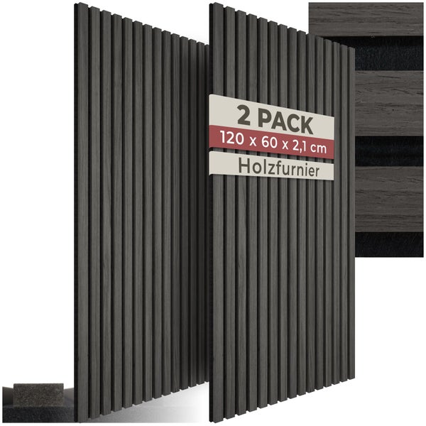 Akustikpaneele aus Holzfurnier in Anthrazit, 2er-Pack, 120 x 60 x 2,1 Zentimeter, mit vertikalen Lamellen.