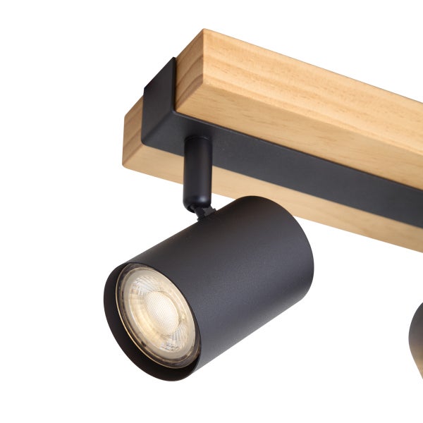 Deckenstrahler aus Holz und Metall mit schwenkbarem Leuchtenkopf in moderner Optik