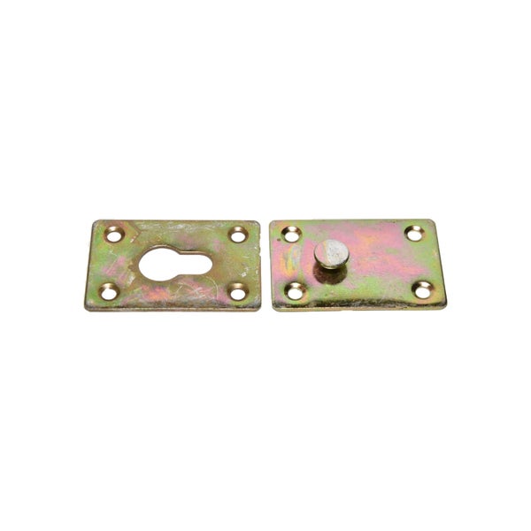 Zwei Metallplattenverbinder zum Zusammenhalten von Möbelteilen mit integriertem Verriegelungsmechanismus.