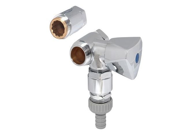 Verchromtes Geräteventil inklusive Verlängerung mit Dreiecksgriff und Schlauchanschluss für Waschmaschinen oder Geschirrspüler.