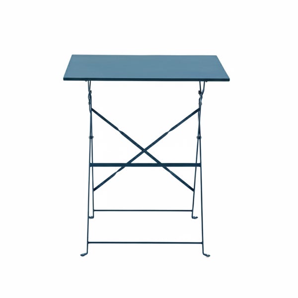 Klappbarer Bistrotisch aus Metall in Blau mit rechteckiger Tischplatte.