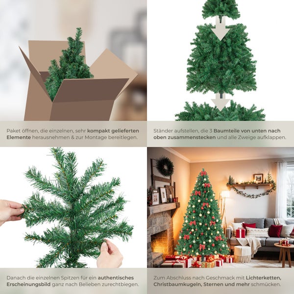 Schritt fur Schritt Anleitung zum Aufbau eines kunstlichen Weihnachtsbaumes mit Montage und Dekoration im Wohnzimmer.