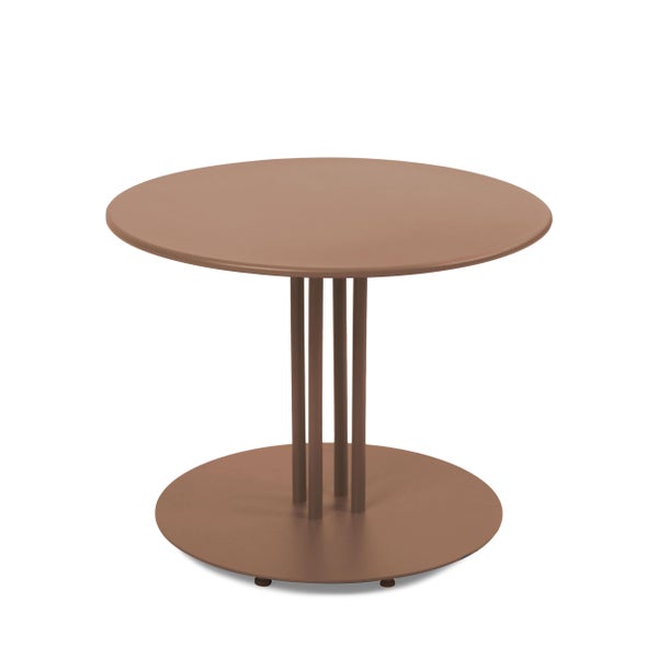 Runder Beistelltisch aus Metall in Braun mit kreisförmiger Basis und mehreren vertikalen Streben.