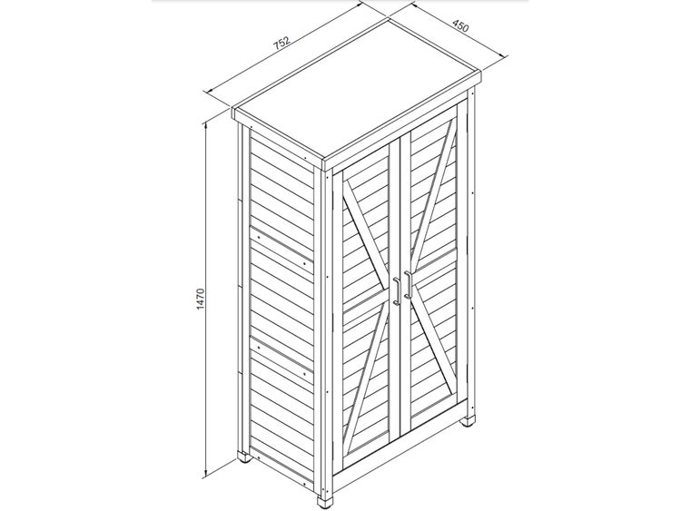 Offener Gartenschrank aus Holz mit zwei Türen im Kreuz-Design und drei Regalfächern.