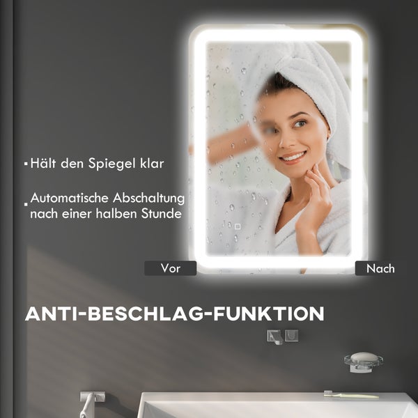 HOMCOM Badspiegel, 50 x 70 cm LED Badezimmerspiegel mit 3 Lichtfarben, Wandspiegel mit Touch-Schalter, Memory-Funktion, Lichtspiegel mit Anti-Beschlag, IP44