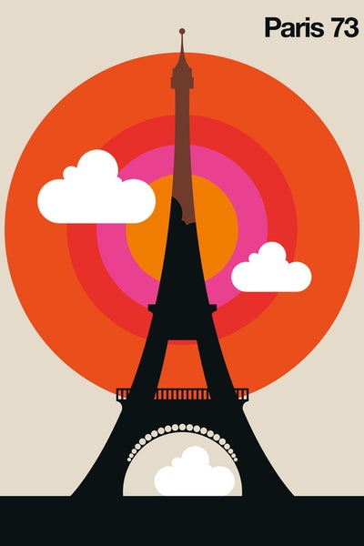 Grafik der Silhouette des Eiffelturms vor einem Kreis mit dem Text Paris 73