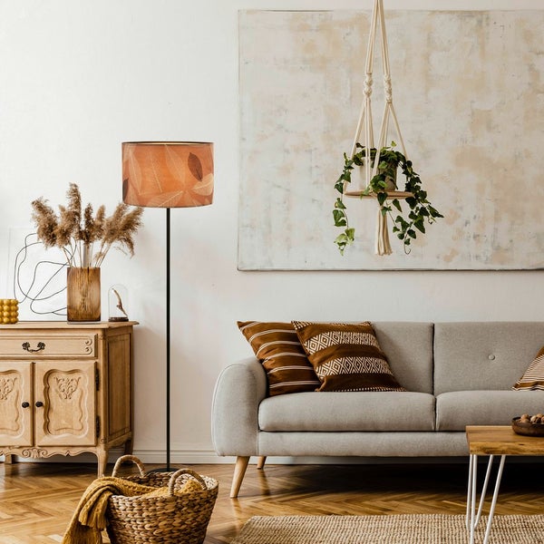 Briloner Mata Stehlampe, Blätterdekor, Ein/Aus Fußtaster, Boho-Stil, E27 Fassung, Caffefarben, Ø35 x 161 cm