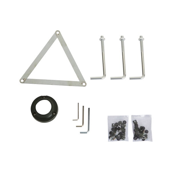 Montageset für Leuchten mit dreieckiger Halterung, L-Haken, Inbusschlüsseln und Befestigungsmaterial.