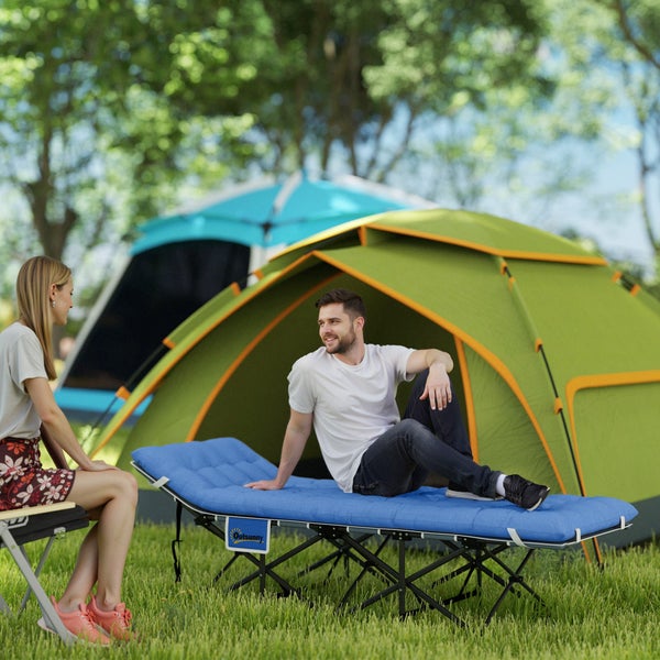 Outsunny Feldbett faltbar Campingbett mit Matratze Kopfkissen Seitentasche 190 x 65 x 37 cm Campingliege für Erwachsene Gästebett bis 150 kg Klappbett für Outdoor, Garten Camping Reisen Blau