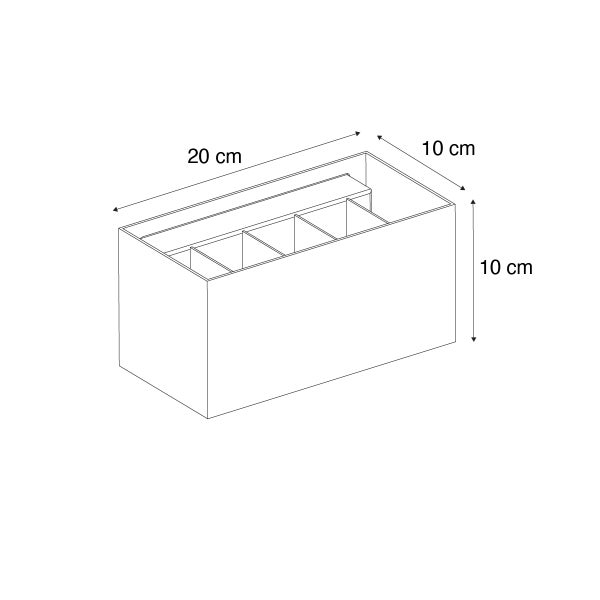Technische Zeichnung einer Schubladenbox mit den Maßen 20 mal 10 mal 10 Zentimeter