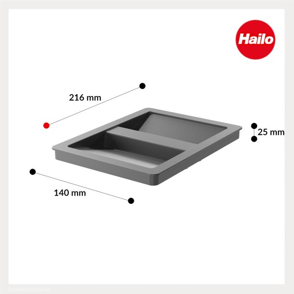 Hailo Logo. Schubladeneinsatz mit zwei Fächern, Abmessungen 216 Millimeter mal 140 Millimeter mal 25 Millimeter.