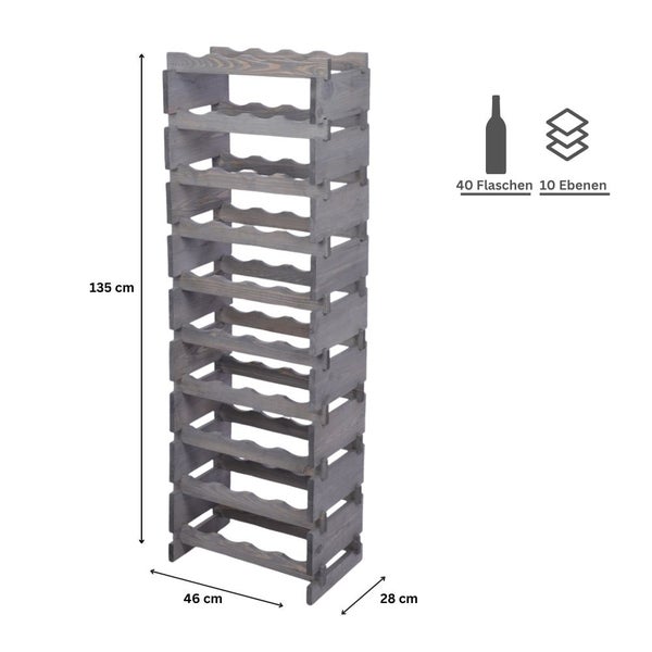 Weinregal VINOTECA FLEX PRO HxBxT 135x46x28cm 40 Flaschen auf 10 Ebenen Massives Kiefernholz Grau