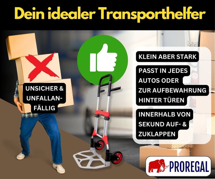 PROREGAL Klappbare Profi-Sackkarre ELEPHANT HxBxT 112 x 60 x 61 cm Traglast 250 kg Ergonomische Griffe TPR-Gummiräder Schwarz-Rot-Silber