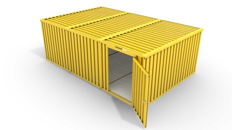 Lagercontainer Gerätehaus M3  – 18 qm, H2150 x B3050 x T6520 mm, Außenwandlackierung RAL 1003 signalgelb, Dach außen verzinkt, mit Holzfußboden, 1270 mm Einflügeltür mittig in Modul D, montiert