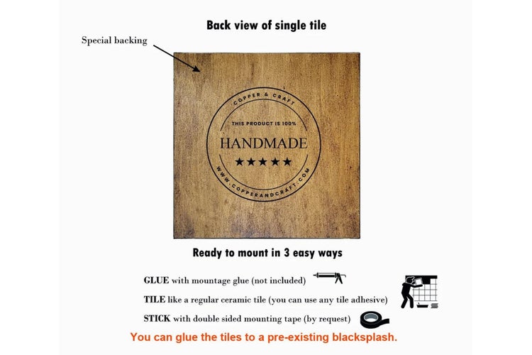 Rückseite einer einzelnen Fliese mit spezieller Trägerplatte und Montagehinweisen