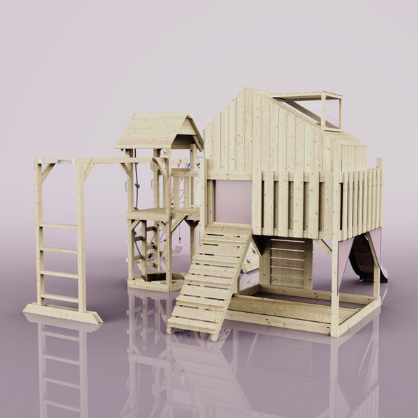 Spielplatzanlage aus Holz mit Klettergerüst, Rutsche und Schaukel