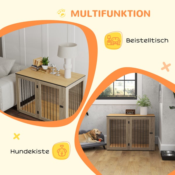 Multifunktionale Hundekiste aus Holz und Metall, die gleichzeitig als Beistelltisch im Wohnzimmer dient.