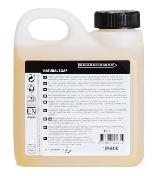 WOCA Natural Soap Holzseife 1 Liter für die Reinigung und Pflege von geölten, gewachsten und geseiften Holzoberflächen.