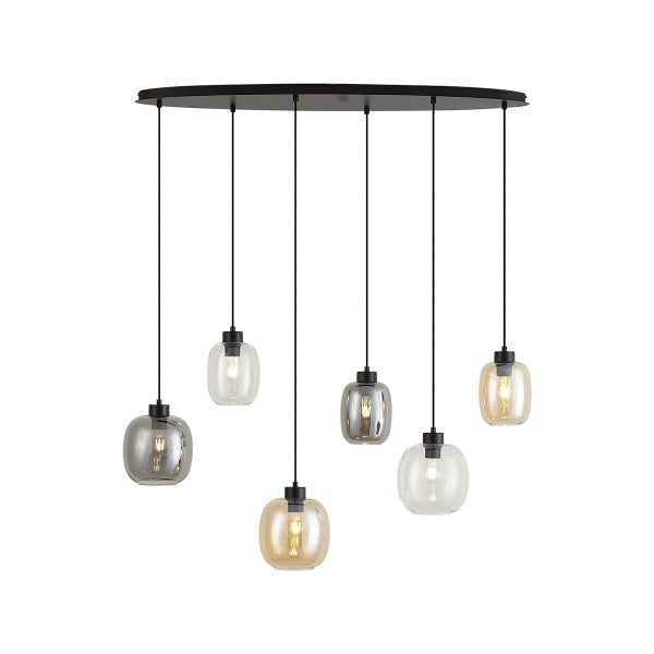 Moderne 6-flammige Pendelleuchte mit ovalem schwarzem Baldachin und verschiedenfarbigen Glasschirmen in unterschiedlichen Höhen.