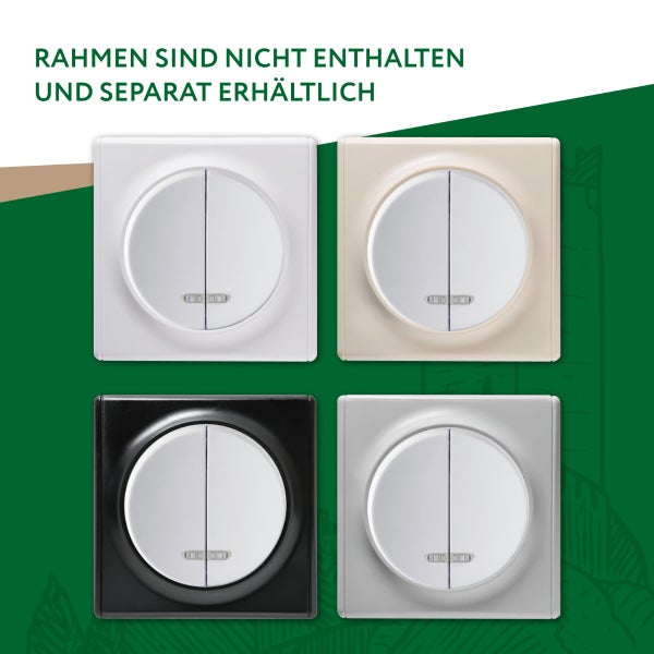 Vier verschiedene Wippschaltereinsätze für Unterputzinstallation, Rahmen sind nicht enthalten und separat erhältlich.