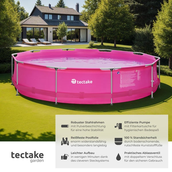 Runder tectake Aufstellpool mit Stahlrahmen im hellen Garten, mit Informationen zu Stabilität, Filterpumpe und Aufbau sowie dem tectake garden Logo.