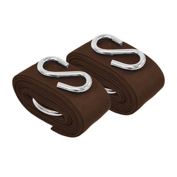Zwei aufgerollte braune Gurtbänder mit silberfarbenen S-Haken zur Ladungssicherung.