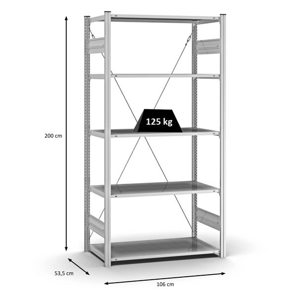 PROREGAL Profi Lagerregal Stecksystem T-Profil Grundregal HxBxT 200 x 100 x 50 cm Fachlast 125 kg Verzinkt