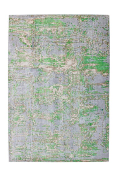 Moderner Teppich mit abstraktem Muster im Vintage-Stil in Grau und Grün.