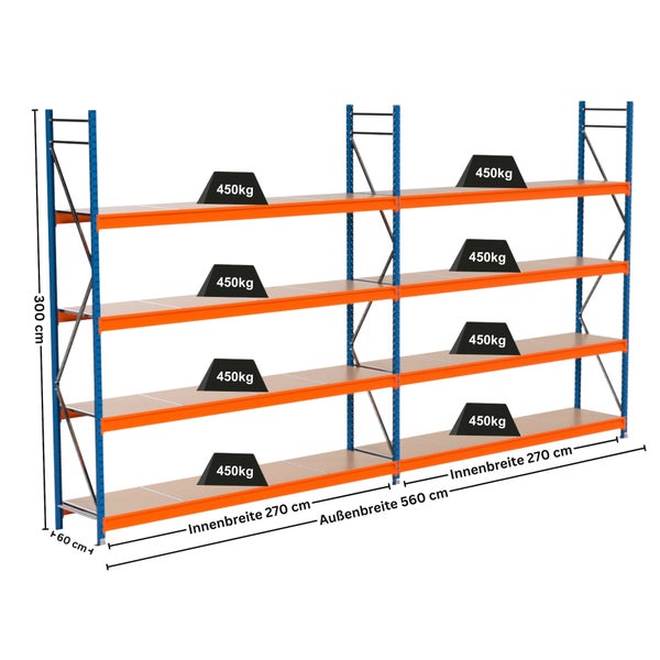Metallregal mit vier Ebenen und einer Traglast von 450 Kilogramm pro Ebene