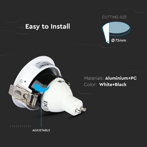 Verstellbarer Einbaustrahler aus Aluminium und Polykarbonat in Weiß und Schwarz mit einem Lochausschnitt von 75 Millimeter Durchmesser.