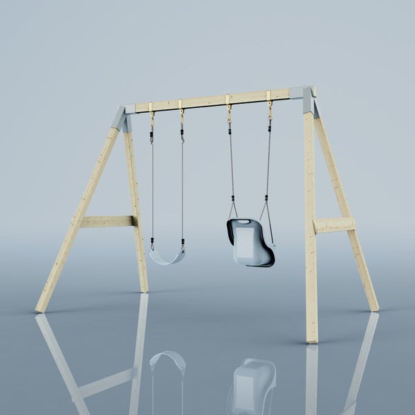 Schaukelgerüst aus hellem Holz mit zwei Schaukeln, einem flexiblen Brettschaukelsitz und einem Kleinkindsitz in Grau.