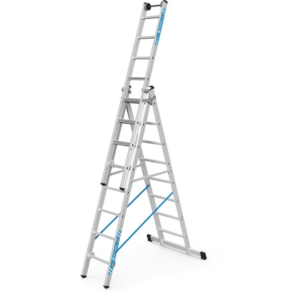 Mehrzweckleiter aus Aluminium in A-Form und mit ausgefahrener Verlängerung