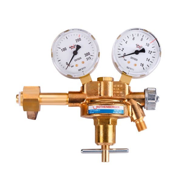 Rothenberger Druckminderer für Sauerstoff aus Messing mit zwei Manometern für Flaschendruck und Arbeitsdruck bis 10 bar.