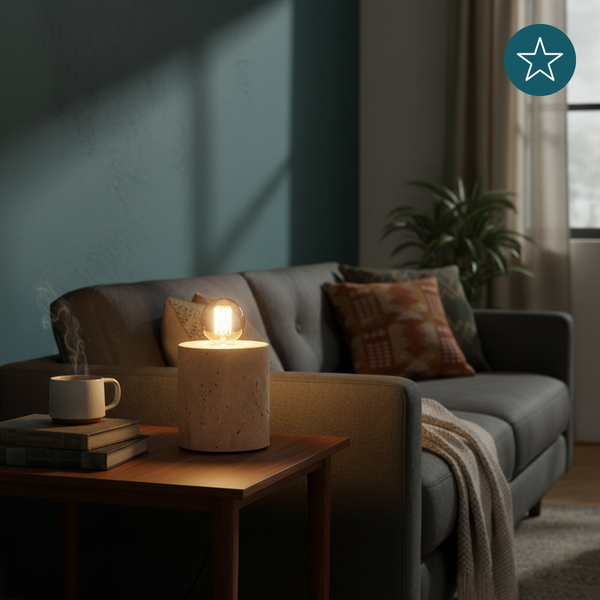 Dekorative Tischleuchte aus Stein mit Glühbirne auf einem Holztisch neben einem Sofa.