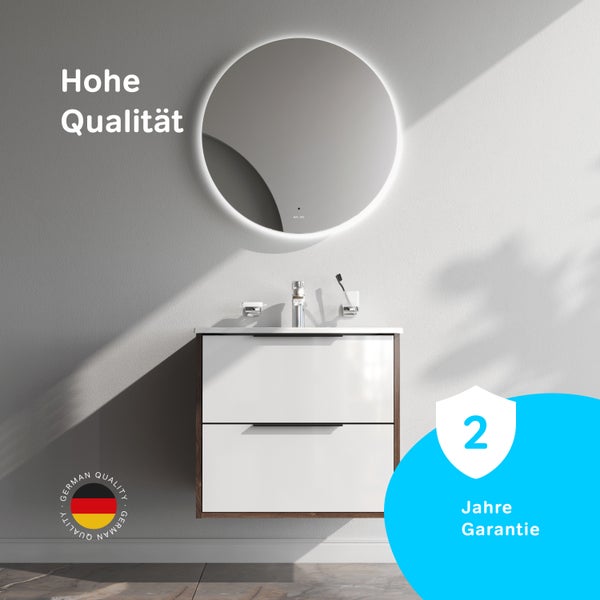 Moderner Waschbeckenunterschrank mit zwei Auszügen, Aufsatzwaschbecken und rundem LED Spiegel im Badezimmer mit zwei Jahren Garantie.
