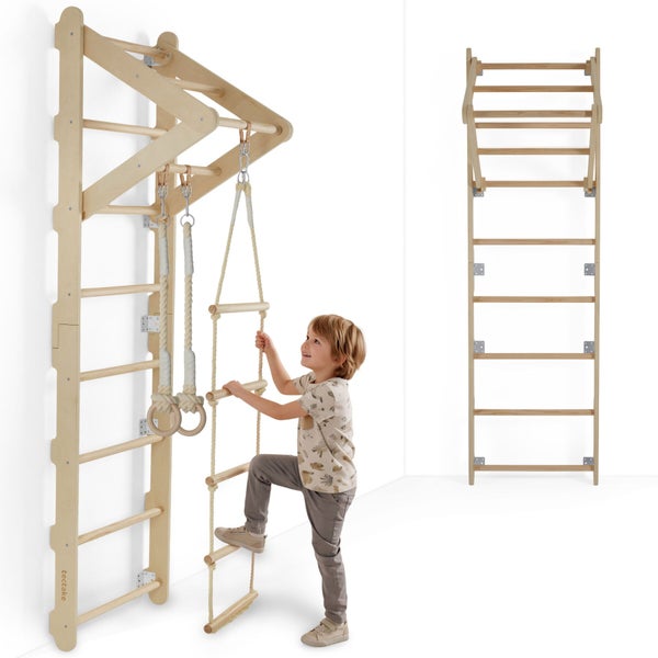 Kindersprossenwand aus Holz mit integrierter Kletterleiter, Ringen und Kletterseil zur Wandmontage.
