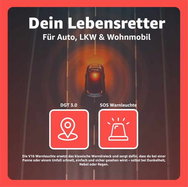 V16 Warnleuchte zur Absicherung von Auto, LKW und Wohnmobil im Notfall