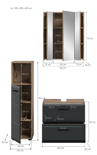 Dreiteiliges Badezimmermöbel-Set in Holzoptik mit Spiegelschrank, Hochschrank und Waschbeckenunterschrank, inklusive Maßangaben in Zentimetern.